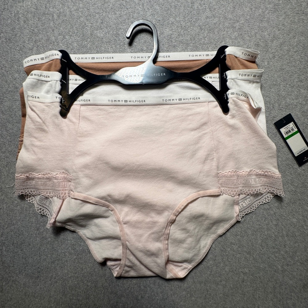 Tommy Hilfiger‎ Womens 3 Pack Cotton Lace Brief Panties Pink White Tan Large